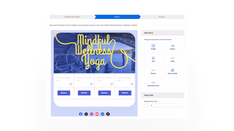 email marketing product screen showing drag and drop components making email building easy