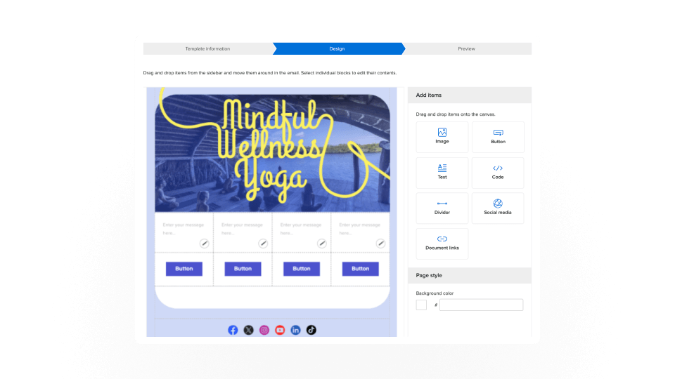 email marketing product screen showing drag and drop components making email building easy