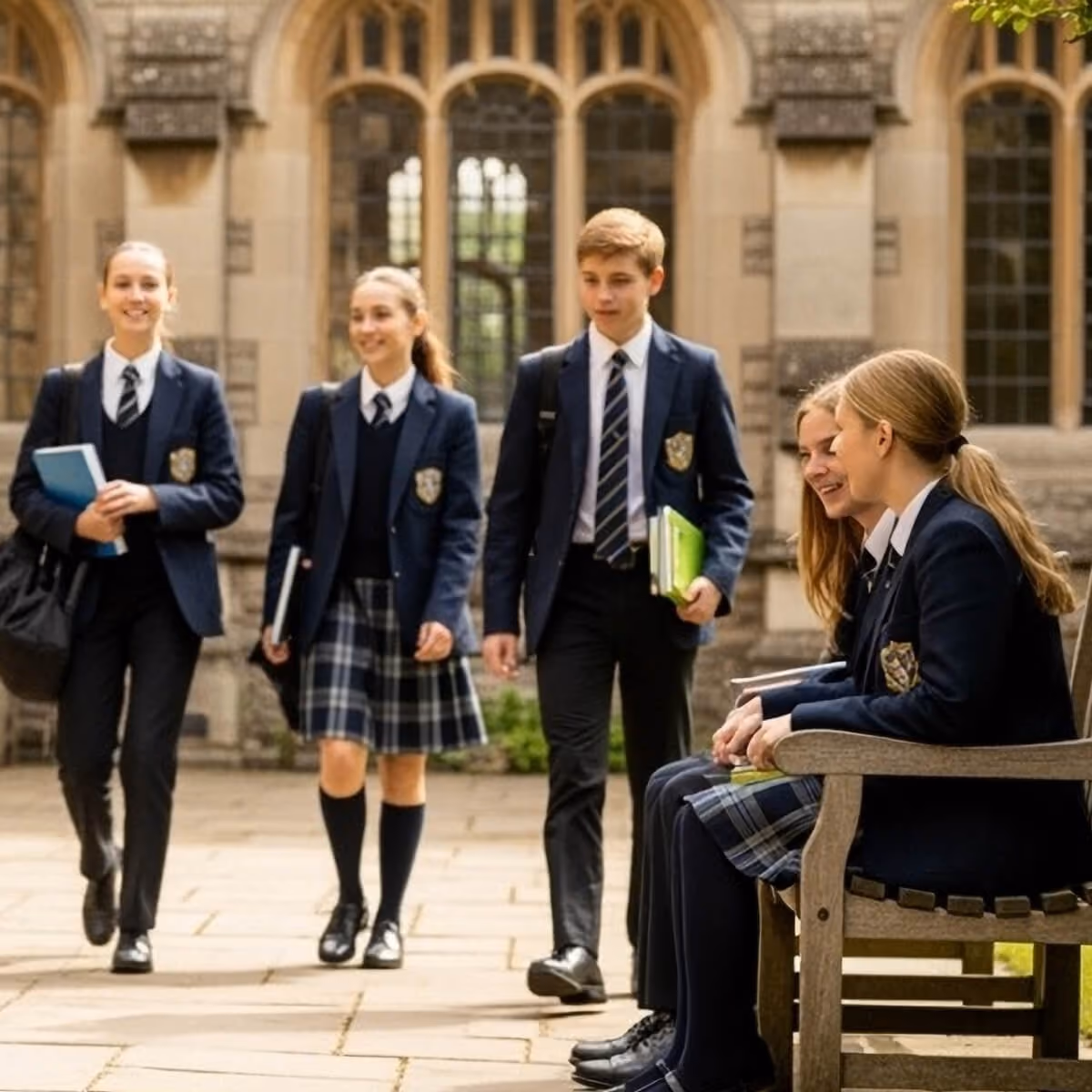 private catholic school photo, students walking in the courtyard