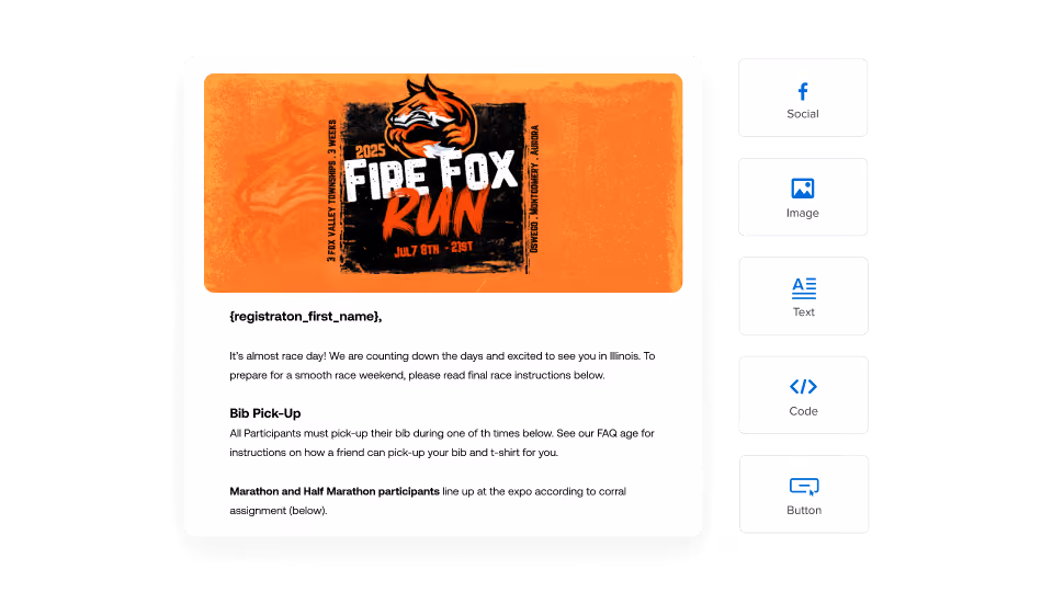an image showing the intuitive drag and drop email tool, easily drag and drop items such as images, custom code, buttons, text and more