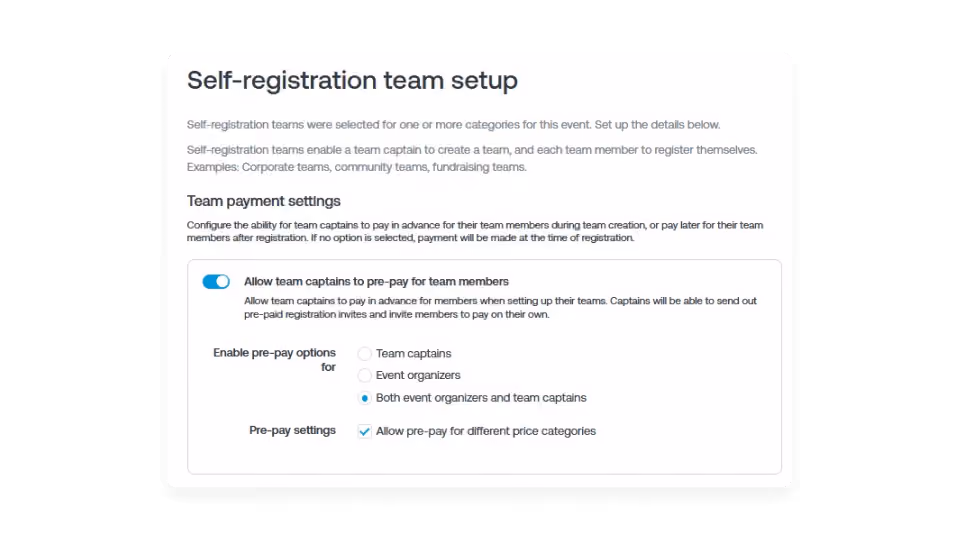 self-registration team setup screen showing pre-pay options
