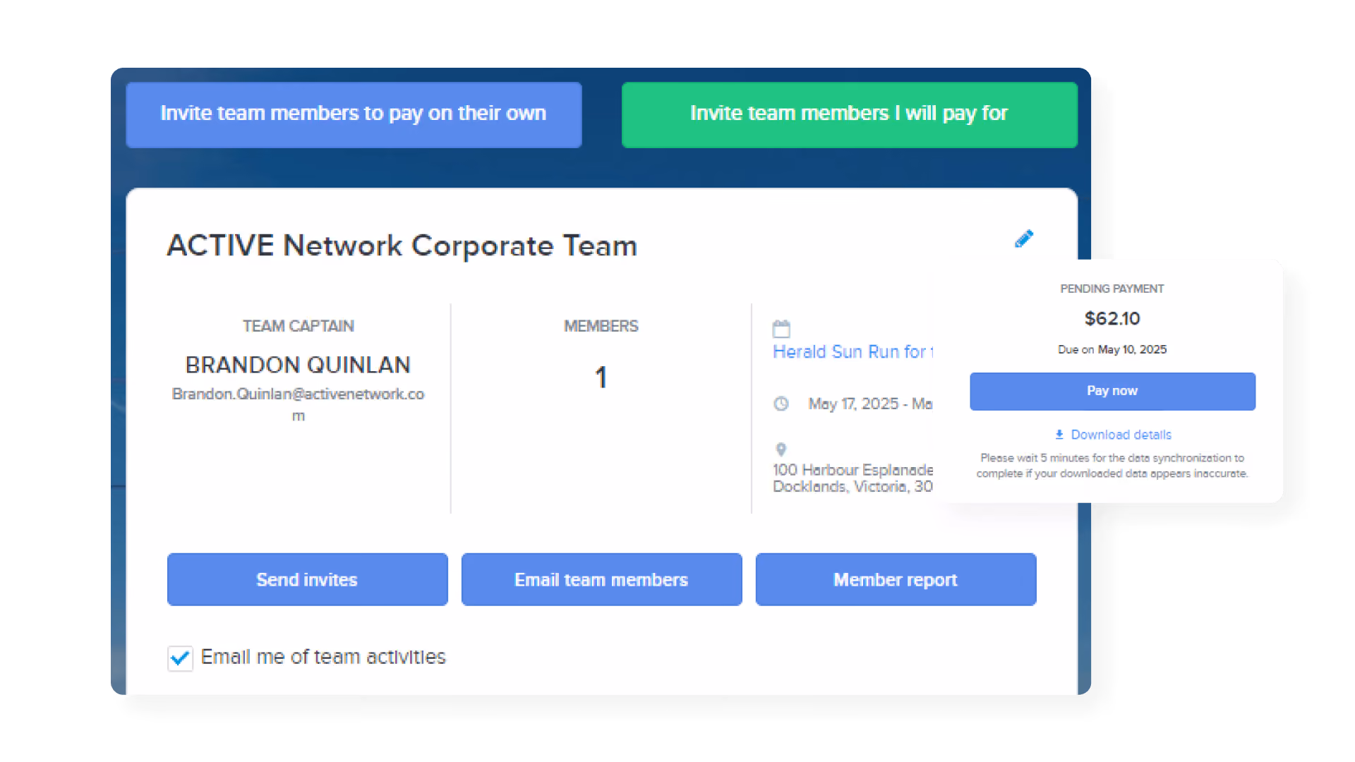 teams functionality screen showing captains, sending invites, payments and reports