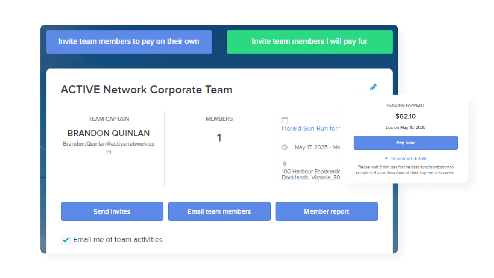 teams functionality screen showing captains, sending invites, payments and reports