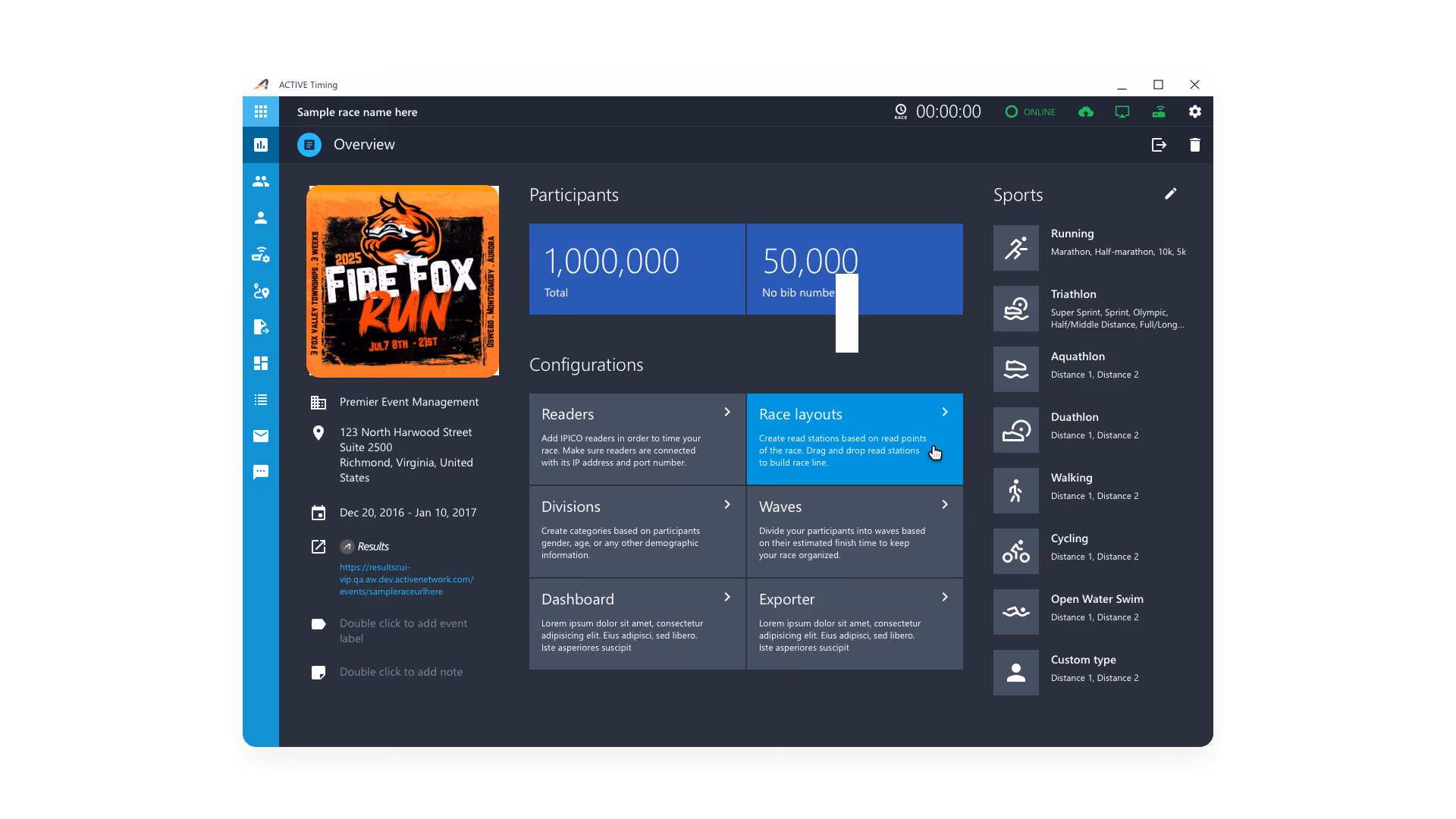 product screenshot of active timing