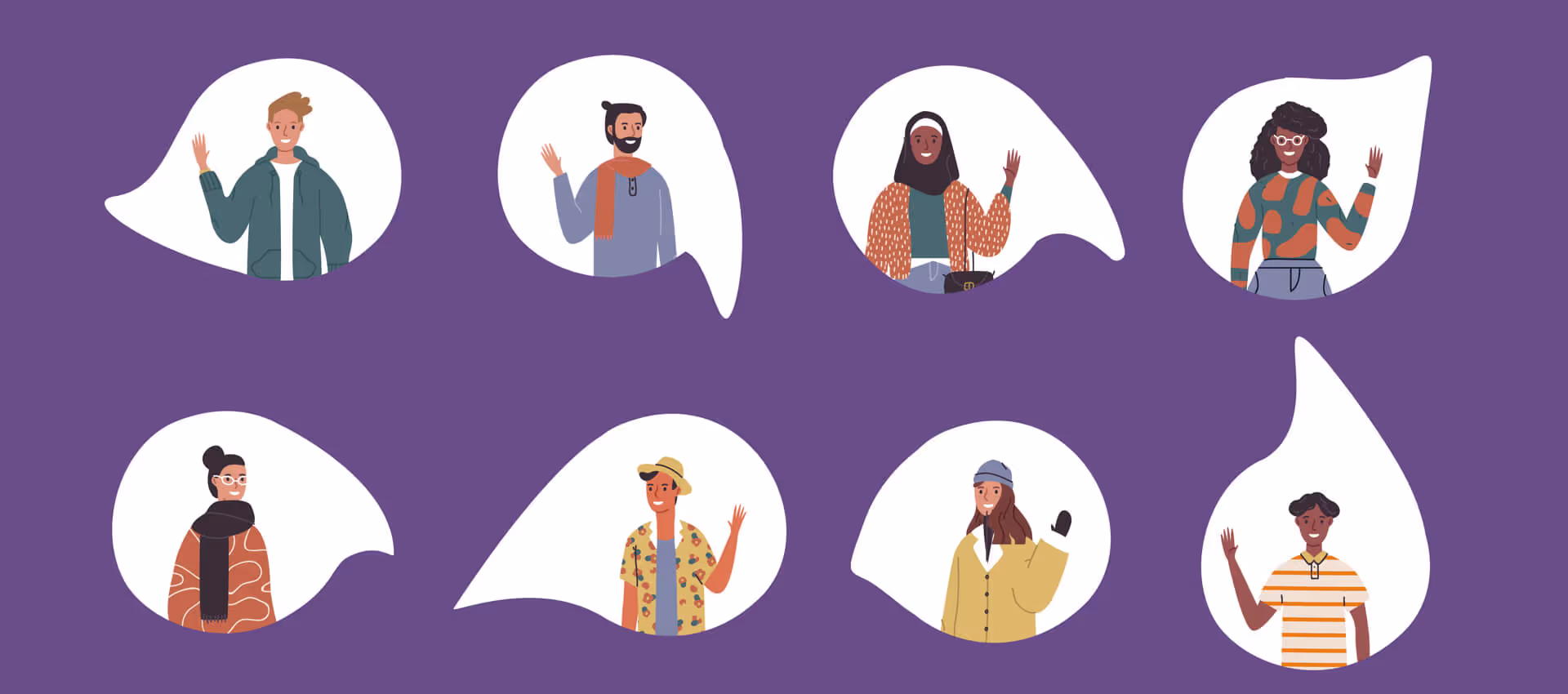 Purple background with bubbles of diverse animated people. 