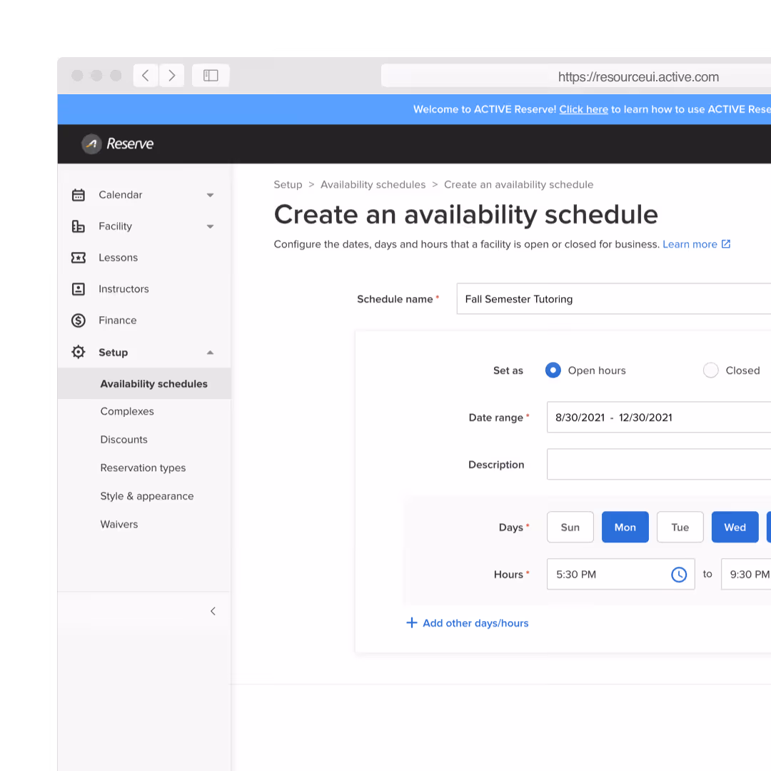 creating an availability schedule screen