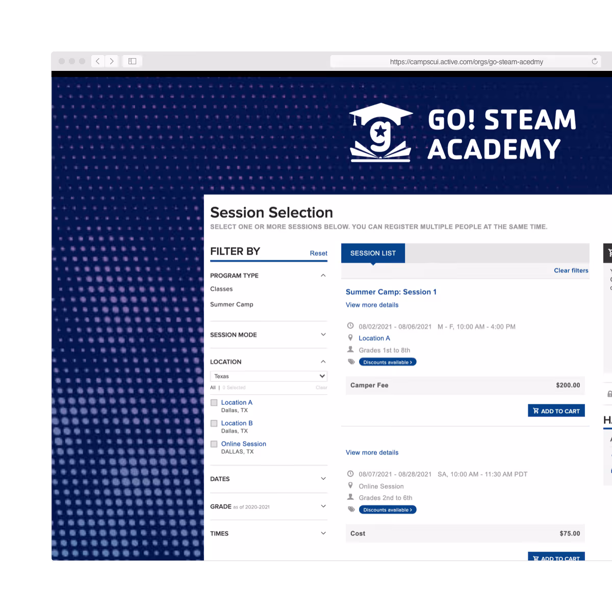 registration page on active