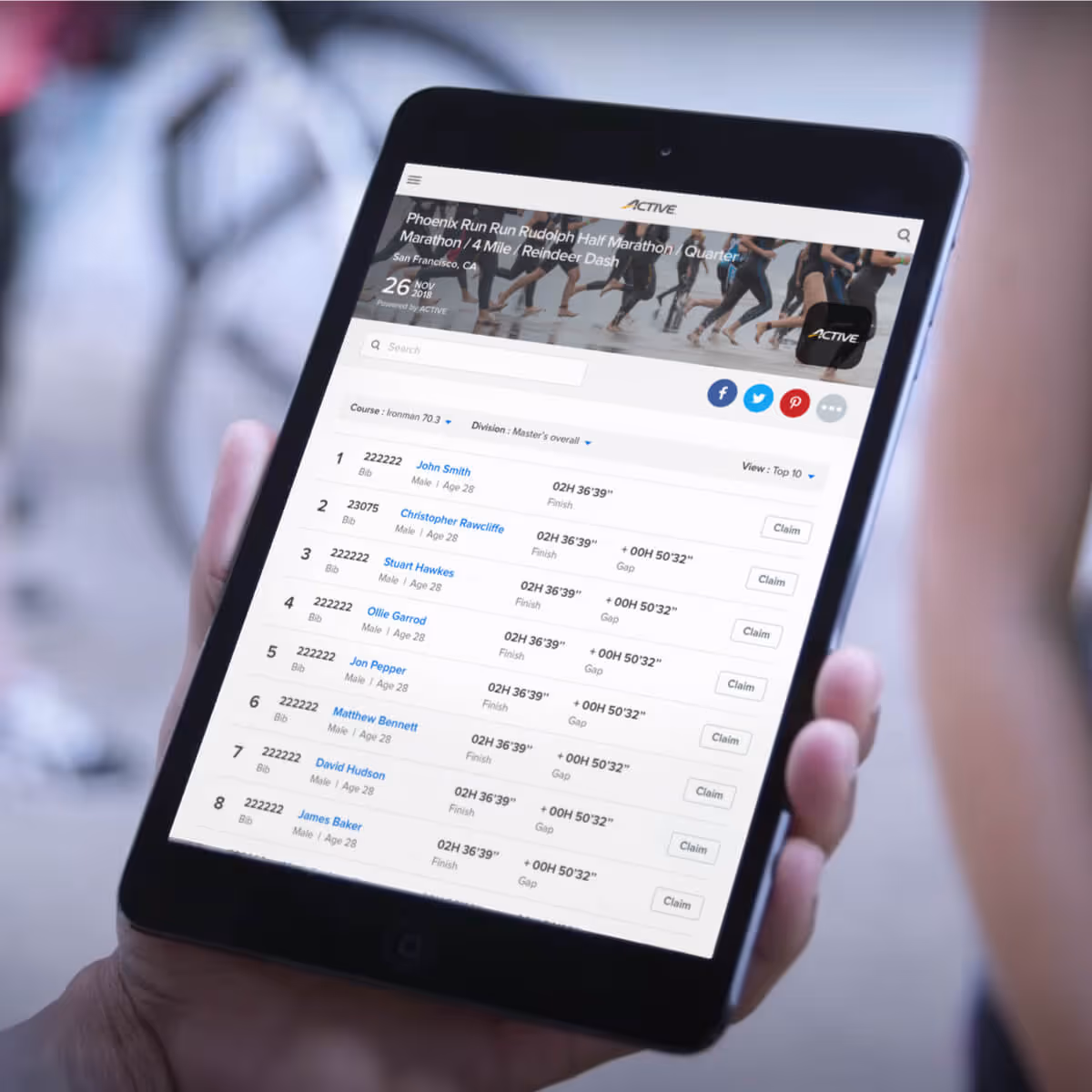 active results being used on a tablet at a triathalon