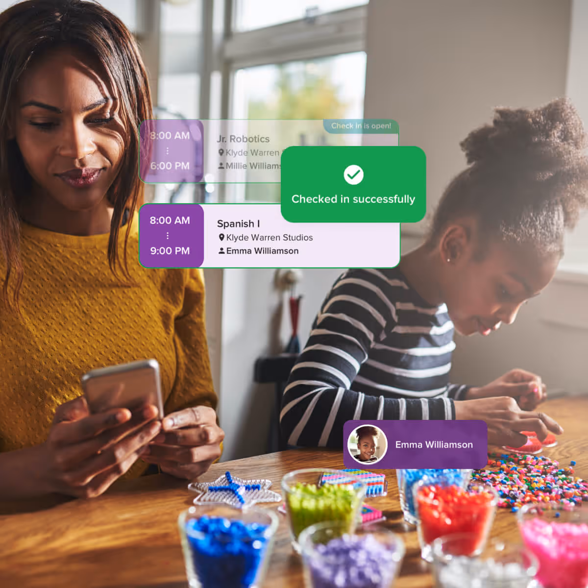 mom checking in daughter to spanish camp