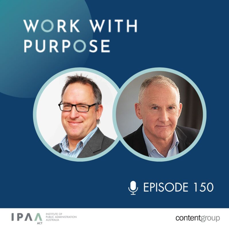Podcast cover with text 'Work with Purpose,' headshots of Conor Wynn plus interviewer, and 'Episode 150' with a microphone icon.