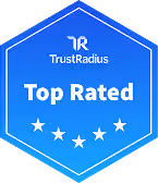 TrustRadius Top Rated blue hexagonal badge with white text and star.