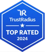 TrustRadius Top Rated 2024 blue hexagonal badge with white text and star.