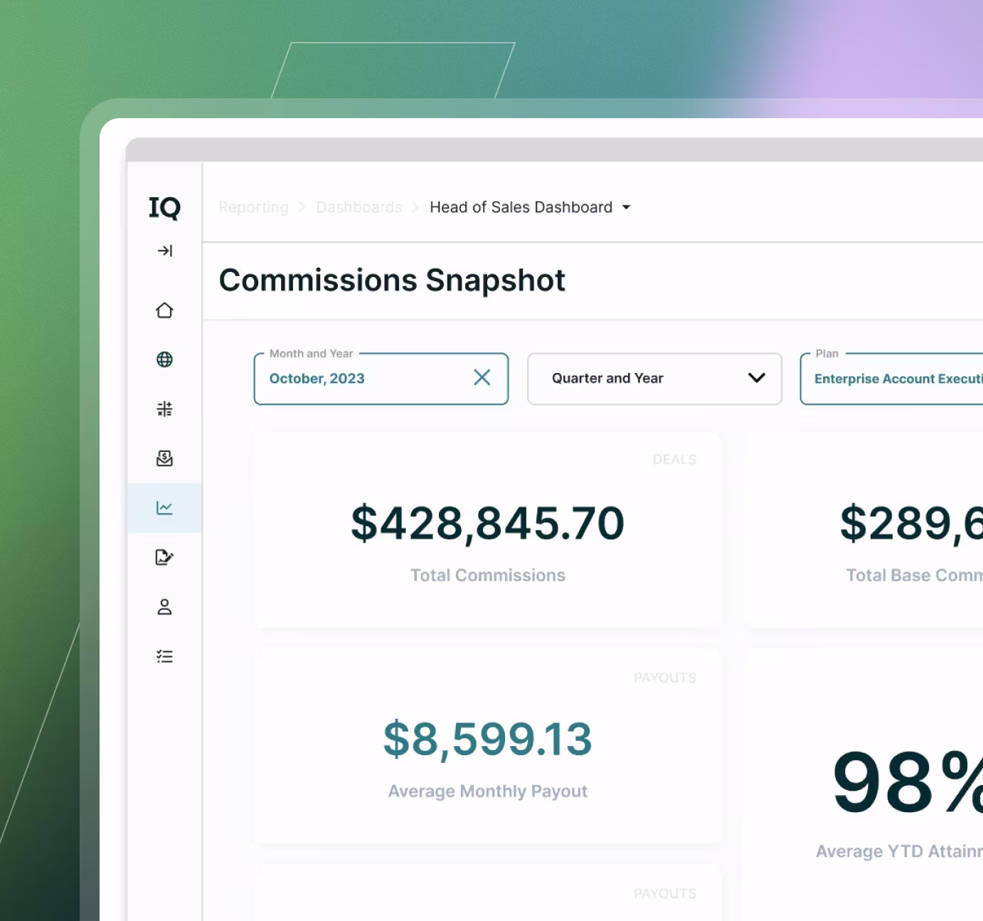 Dashboard titled Commissions Snapshot showing total commissions and average monthly payout.