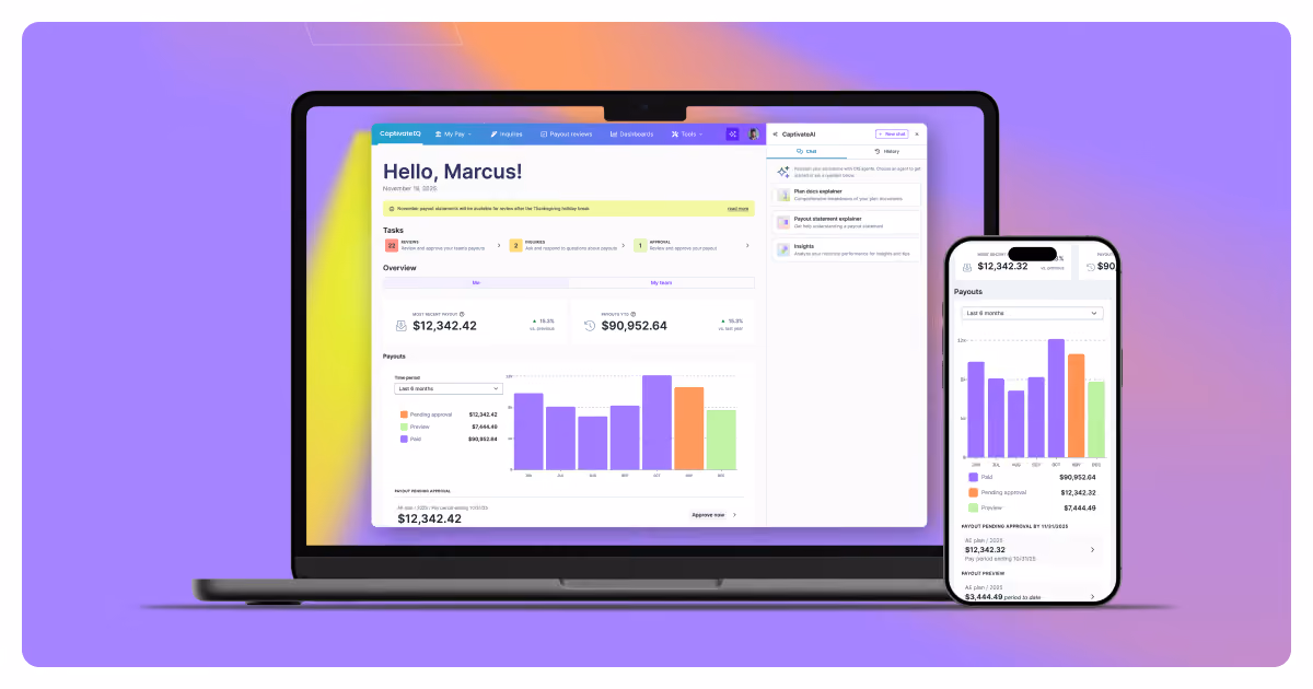 CaptivateIQ AI Payee experience on a laptop and phone