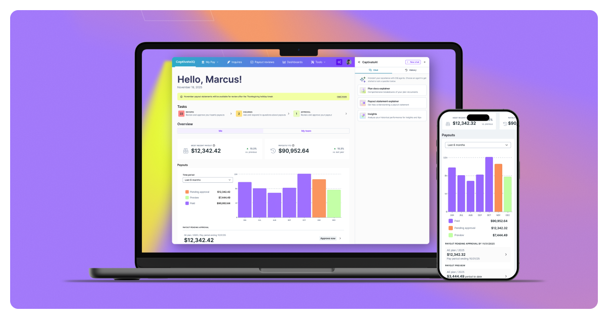 CaptivateIQ AI Payee experience on a laptop and phone