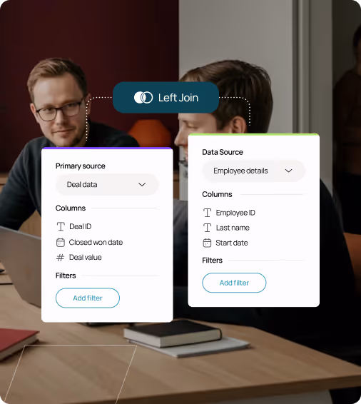 Two men at a table with digital overlays showing a database join operation: 'Left Join' connecting 'Deal data' source with columns Deal ID, Closed won date, and Deal value to 'Employee details' source with columns Employee ID, Last name, and Start date, each with an option to add filters.