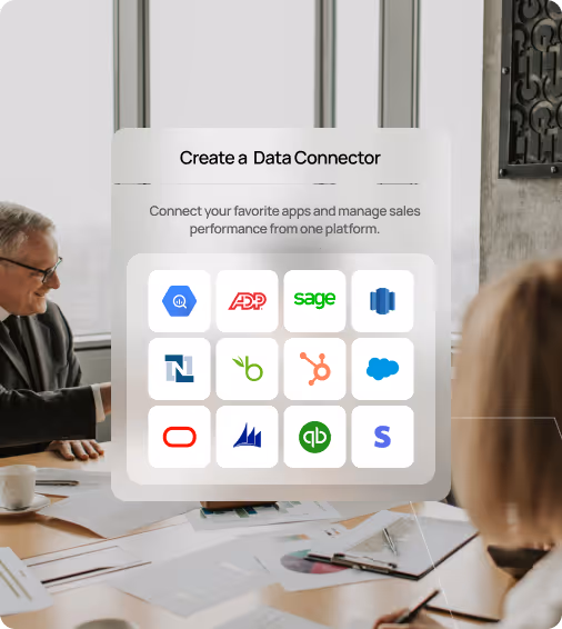 Business meeting with two people at a table covered with documents, with an overlay showing logos of popular data connector apps like Google BigQuery, ADP, Sage, and Salesforce.