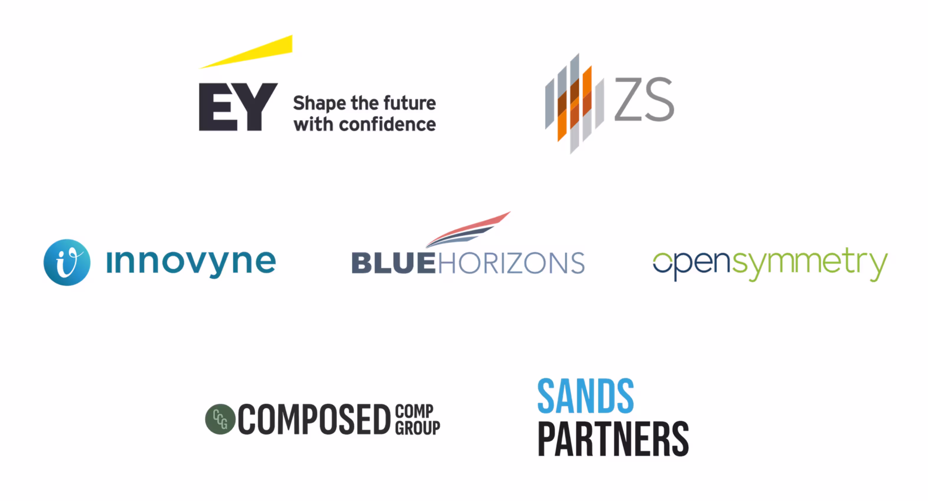 Logos of sponsors: EY, ZS, Innovyne, Blue Horizons, Open Symmetry, Composed Comp Group, and Sands Partners.