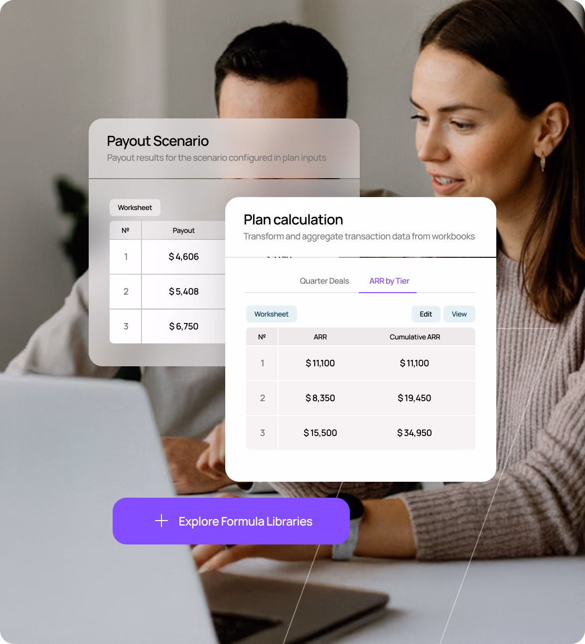 Two people review financial data on a laptop with overlaid payout and plan calculation tables visible.