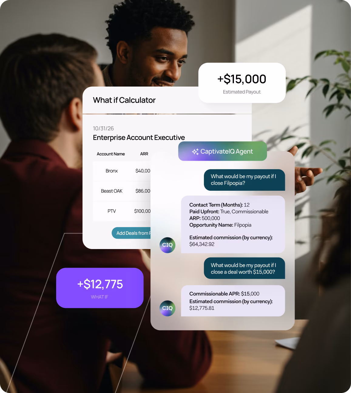 Two men discuss sales data and commission estimates shown via a What If Calculator and CaptivateIQ Agent chat overlays.