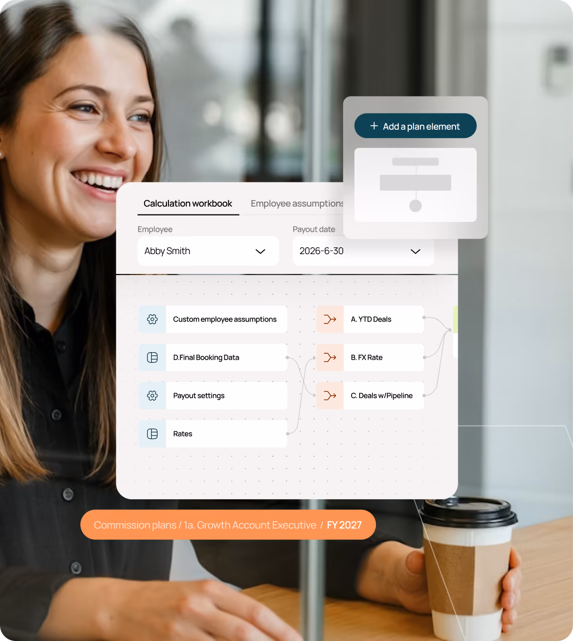 Smiling woman holding a coffee cup with a transparent overlay of a commission plan software interface.