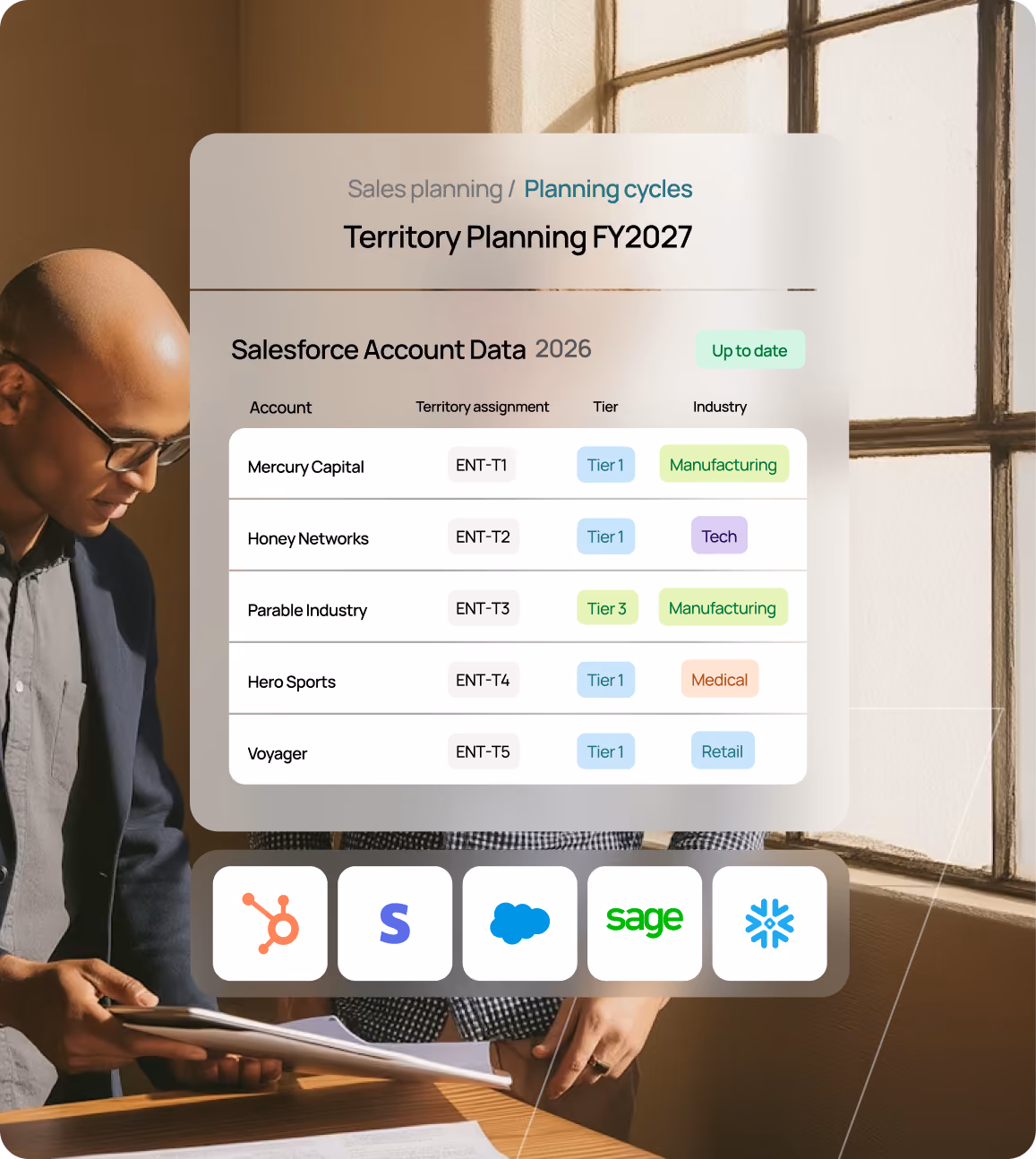 Sales planning table for Territory Planning FY2027 showing account data, tiers, and industries for 2026.