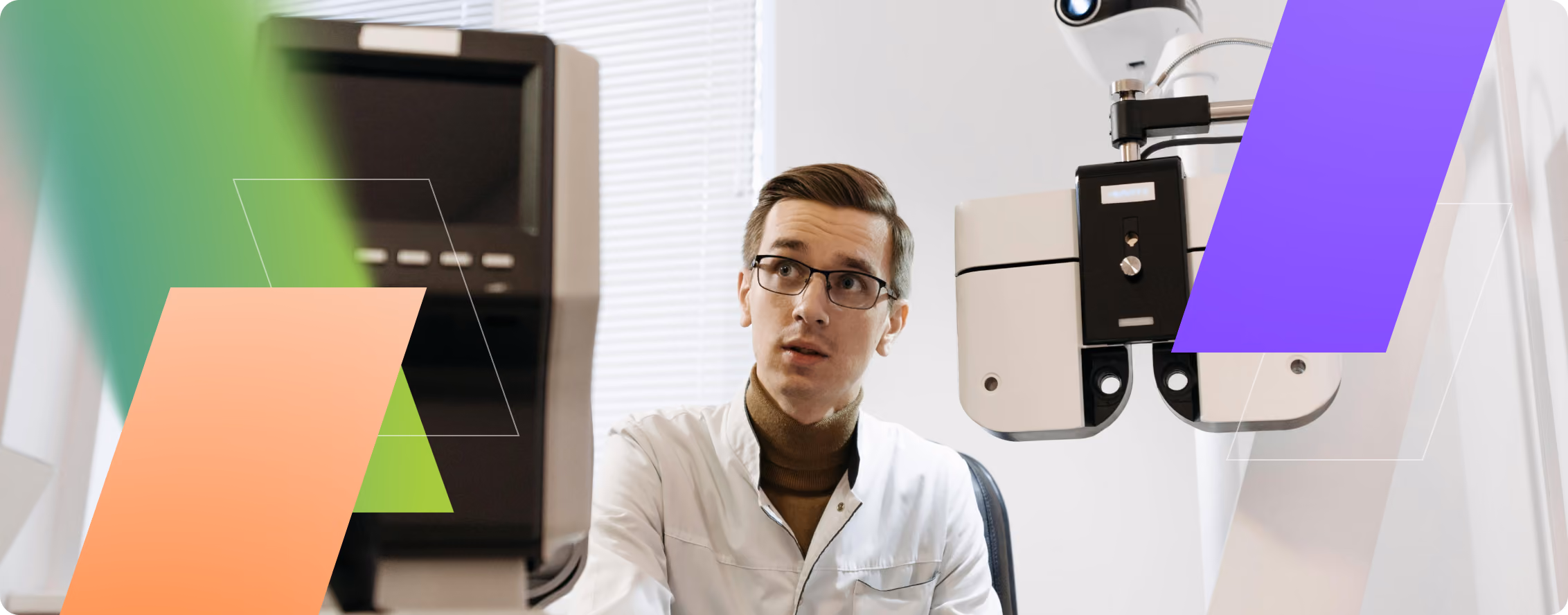 Optometrist wearing glasses in white coat examining eye equipment in a bright office.