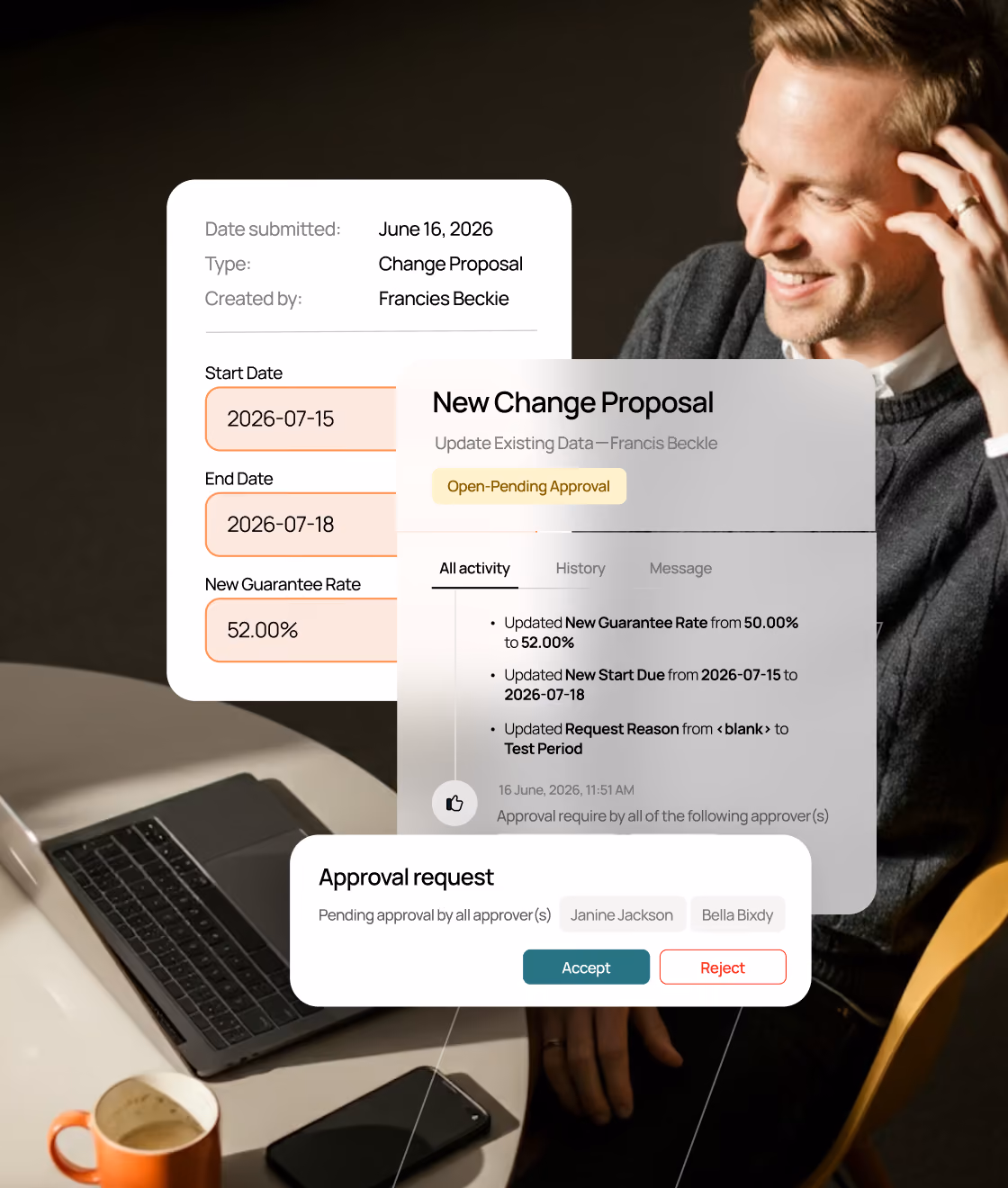 Man smiling at a laptop with on-screen approval request for a change proposal dated July 2026.