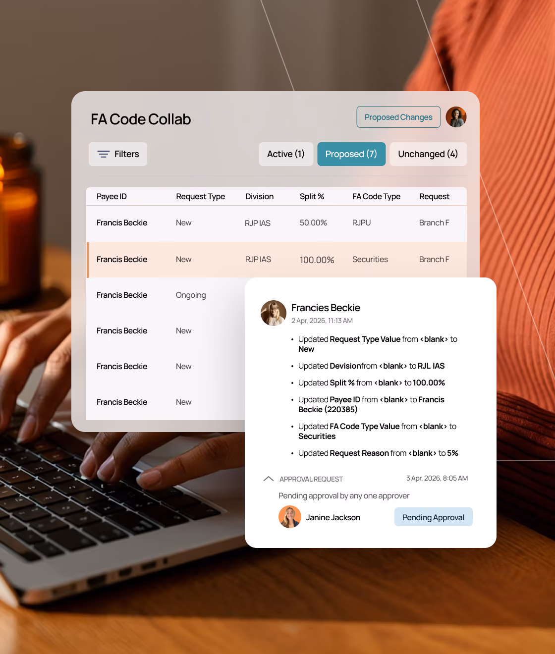 Screenshot of FA Code Collab interface showing proposed changes and approval request details for Francis Beckie.