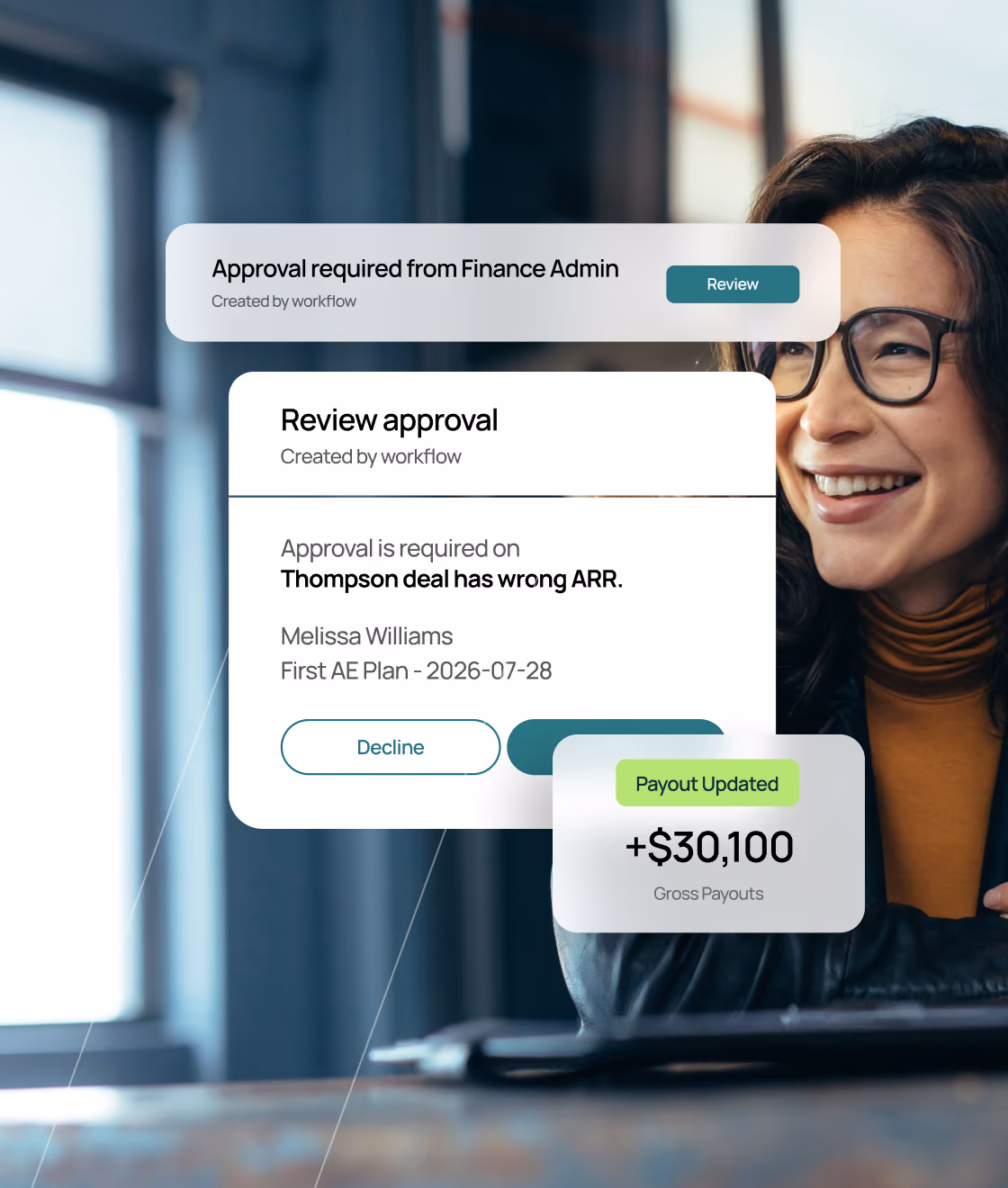 Smiling woman with glasses by window with UI boxes showing finance approval and payout update of $30,100.