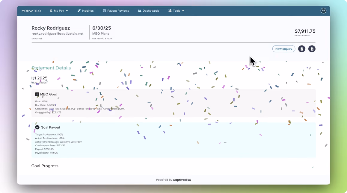 Employee payout summary showing 100% goal achievement and $7,911.75 payout with confetti.