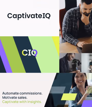 Collage of people working with text: CaptivateIQ, CIO logo, and caption about automating commissions.
