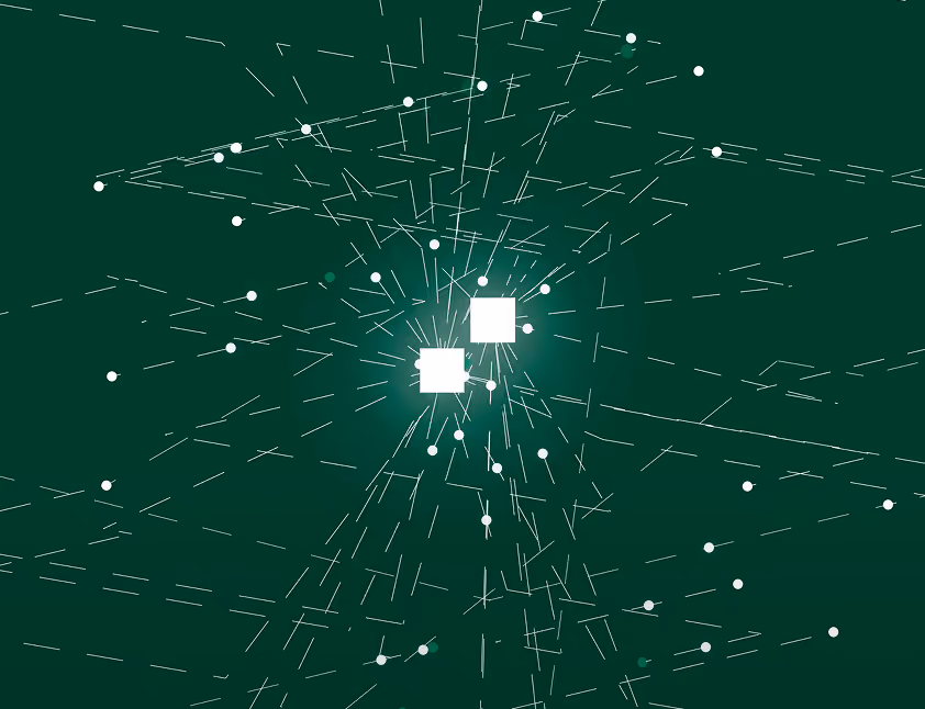 Green abstract background with two glowing white squares and scattered white dots connected by thin lines.