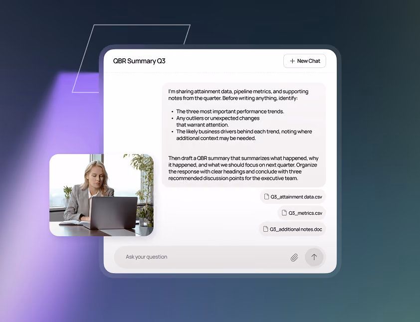 Woman working on a laptop with on-screen text about Q3 summary and attached CSV and DOC files.
