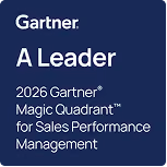 Gartner badge stating A Leader in 2026 Gartner Magic Quadrant for Sales Performance Management on a dark blue background.