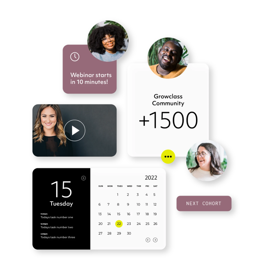 Image of all the offerings you get from enrolling in Growclass, including online events, a community of over 1500 professionals, and online courses.