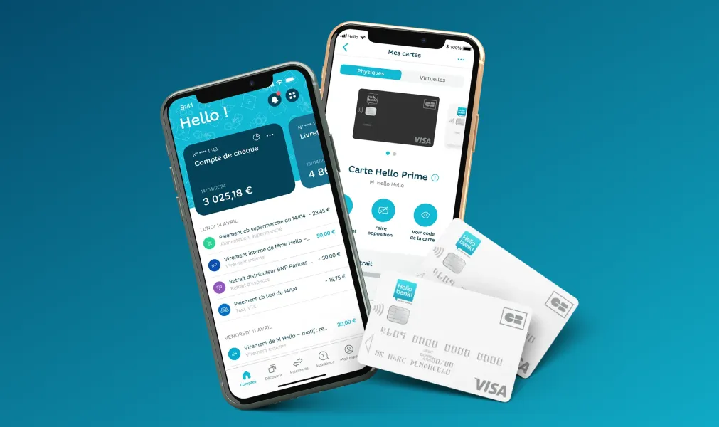 Two smartphones displaying HelloBank! app screens with account balances and card management, alongside two Visa HelloBank! cards.