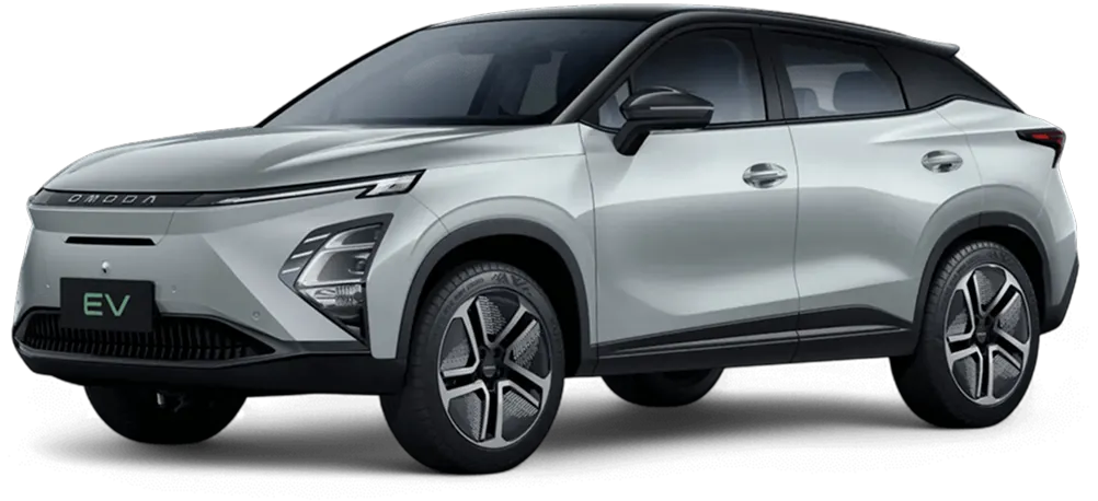 Silver compact electric SUV with black roof and modern angular design, showing front and side view.