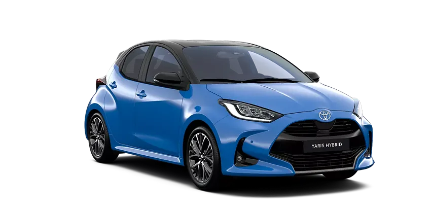 Blue Toyota Yaris Hybrid hatchback car angled to show front and side.