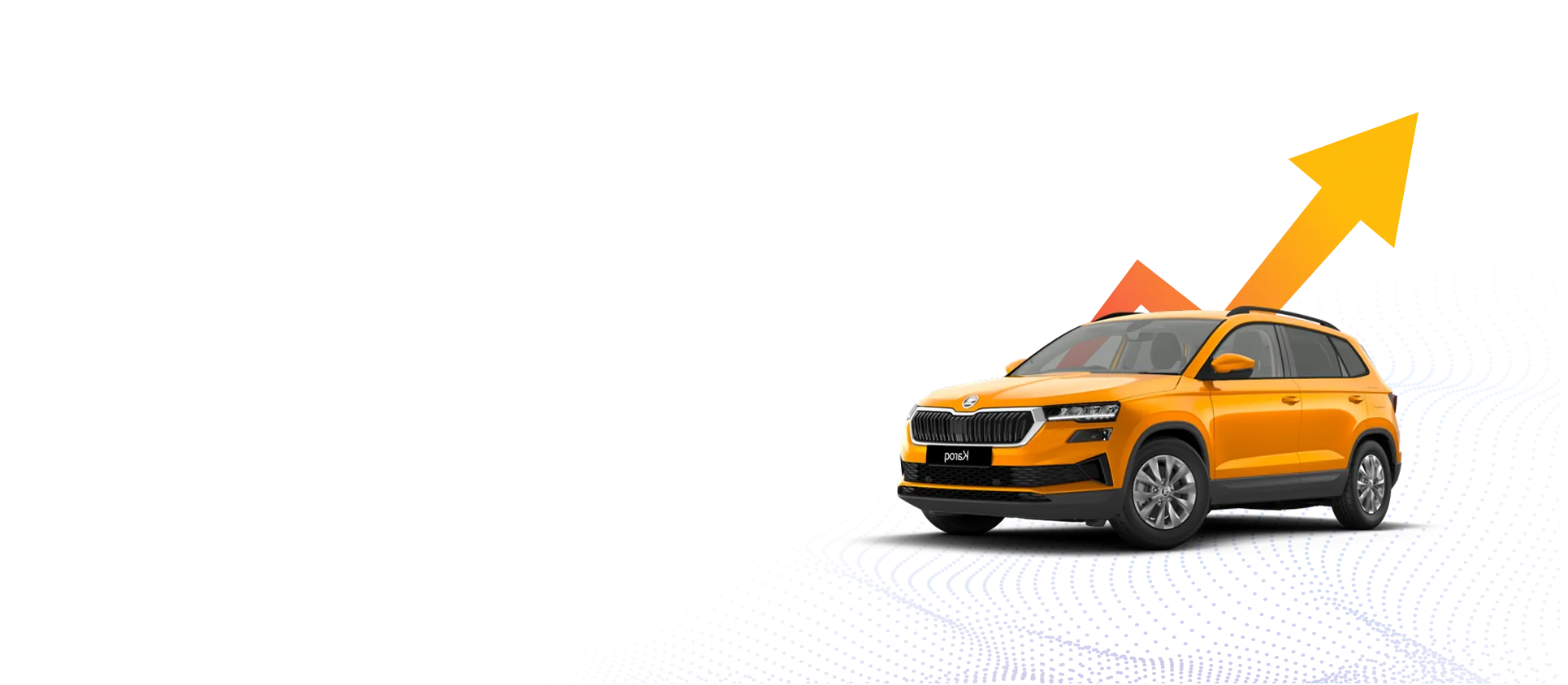 Orange Skoda Kushaq SUV with upward trending arrow and blue dotted wave patterns in background.
