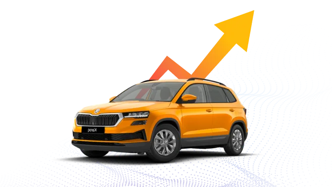 Orange Skoda Kushaq SUV with upward trending arrow and blue dotted wave patterns in background.