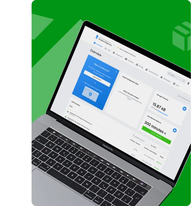 MacBook Pro laptop showing a software dashboard with overview, storage, and session details on a green background.