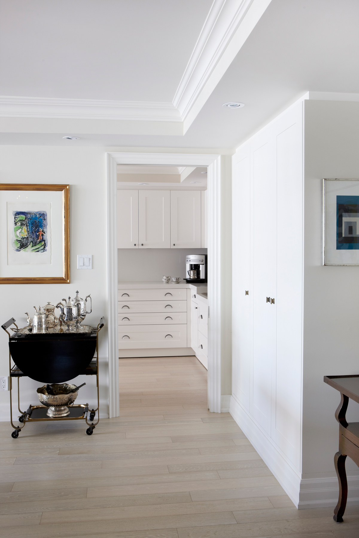 Bay Street Condo: Our client had a list of renovation needs that included adequate storage for furs and shoes, reconfiguration of the master suite, a contemporary and clean living space, and a modern kitchen