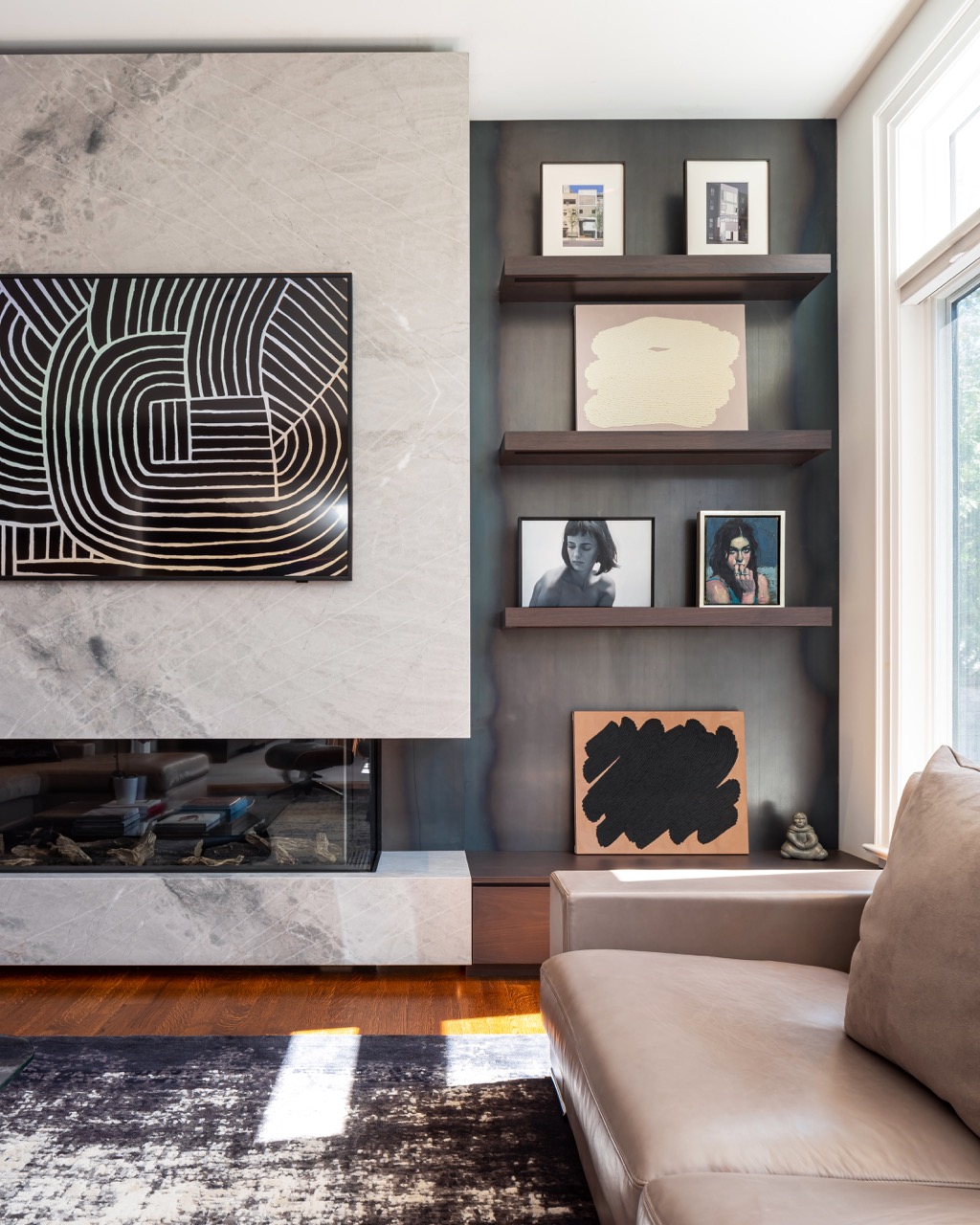 Stylish South Hill: Rich walnut cabinetry wraps the room floor to ceiling, framed by full-height steel windows and doors that flood the space with light