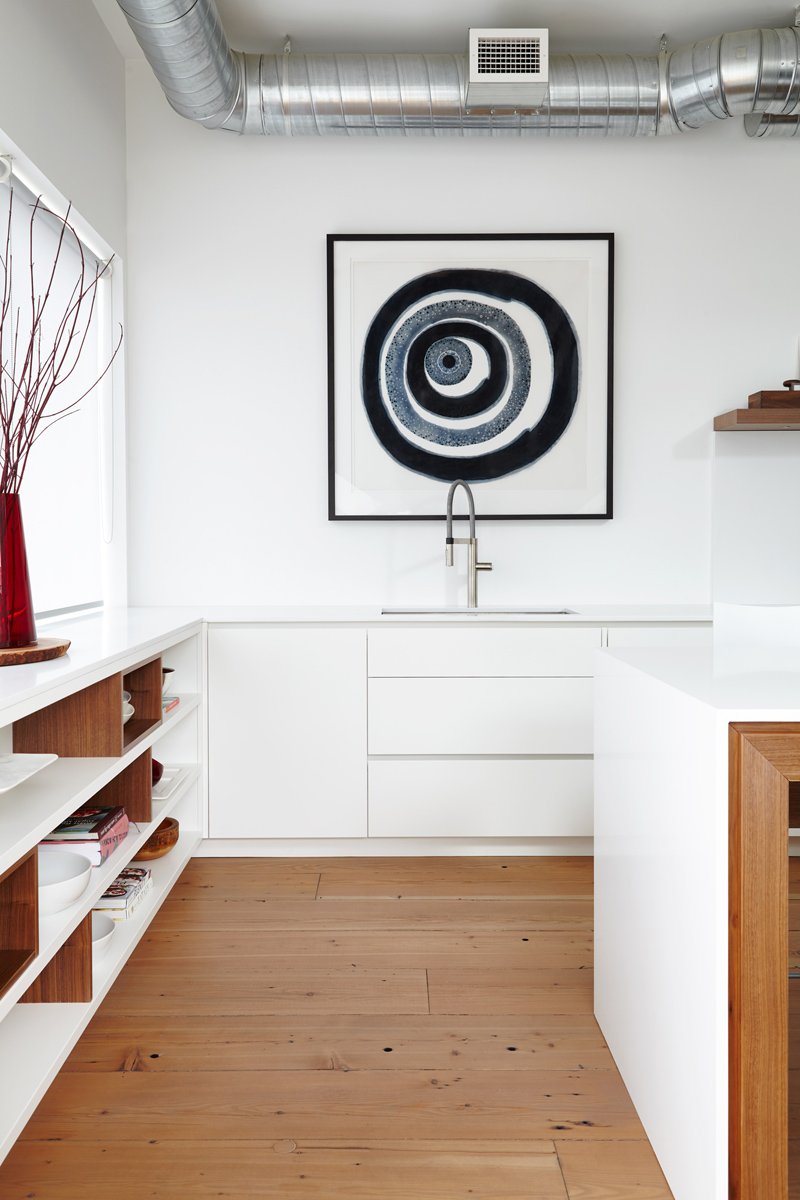Urban Living Space: Special focus on spaces for art to hang in a gallery like setting, custom built-in storage where you might least expect it and the installation of an aluminum curtain wall window system
