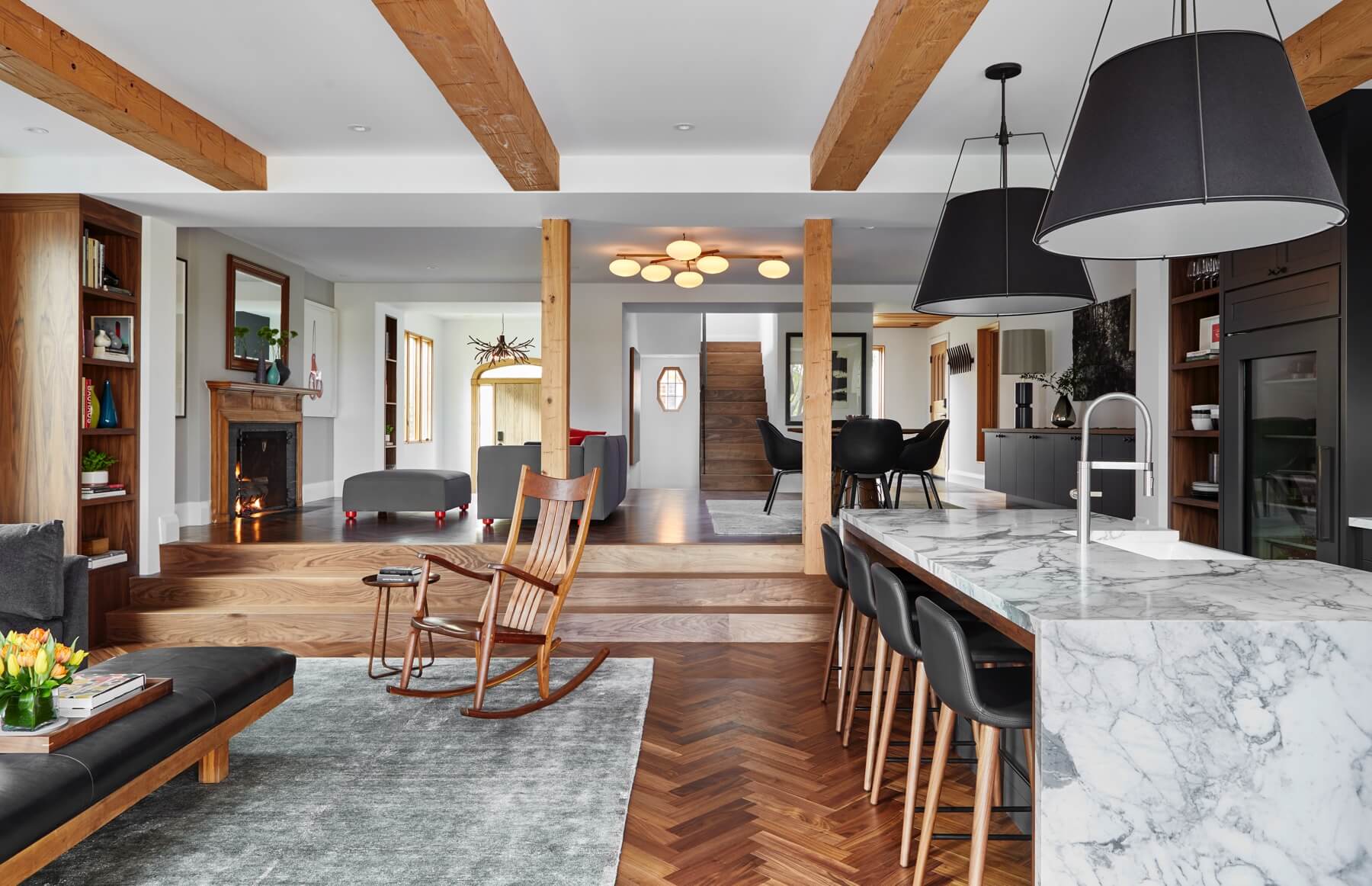 Islington Village: Design elements include the use of three species of wood, warm metals, various marbles, bespoke lighting fixtures and Canadian art as a focal point within each space