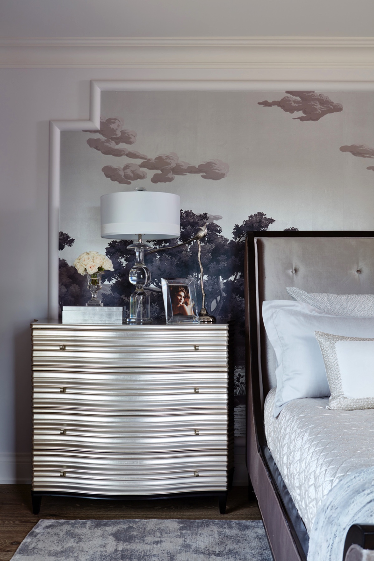 Manor Estate: The anything but understated kitchen makes a whimsical impression, featuring marble counters and backsplashes, cherry blossom mosaic tiling, powder blue custom cabinetry and metallic finishes of silver, brass, copper and rose gold