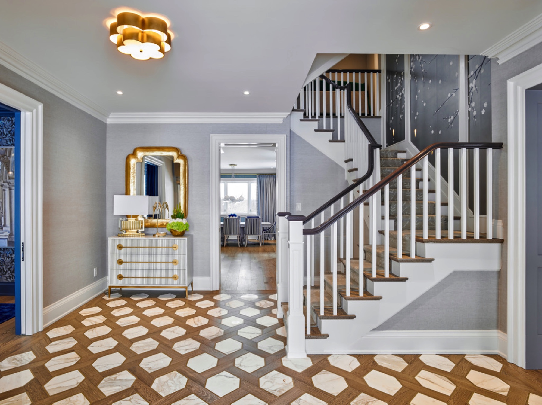Manor Estate: This estate is a transitional home that blends traditional architectural elements with clean-lined furniture and modern finishes