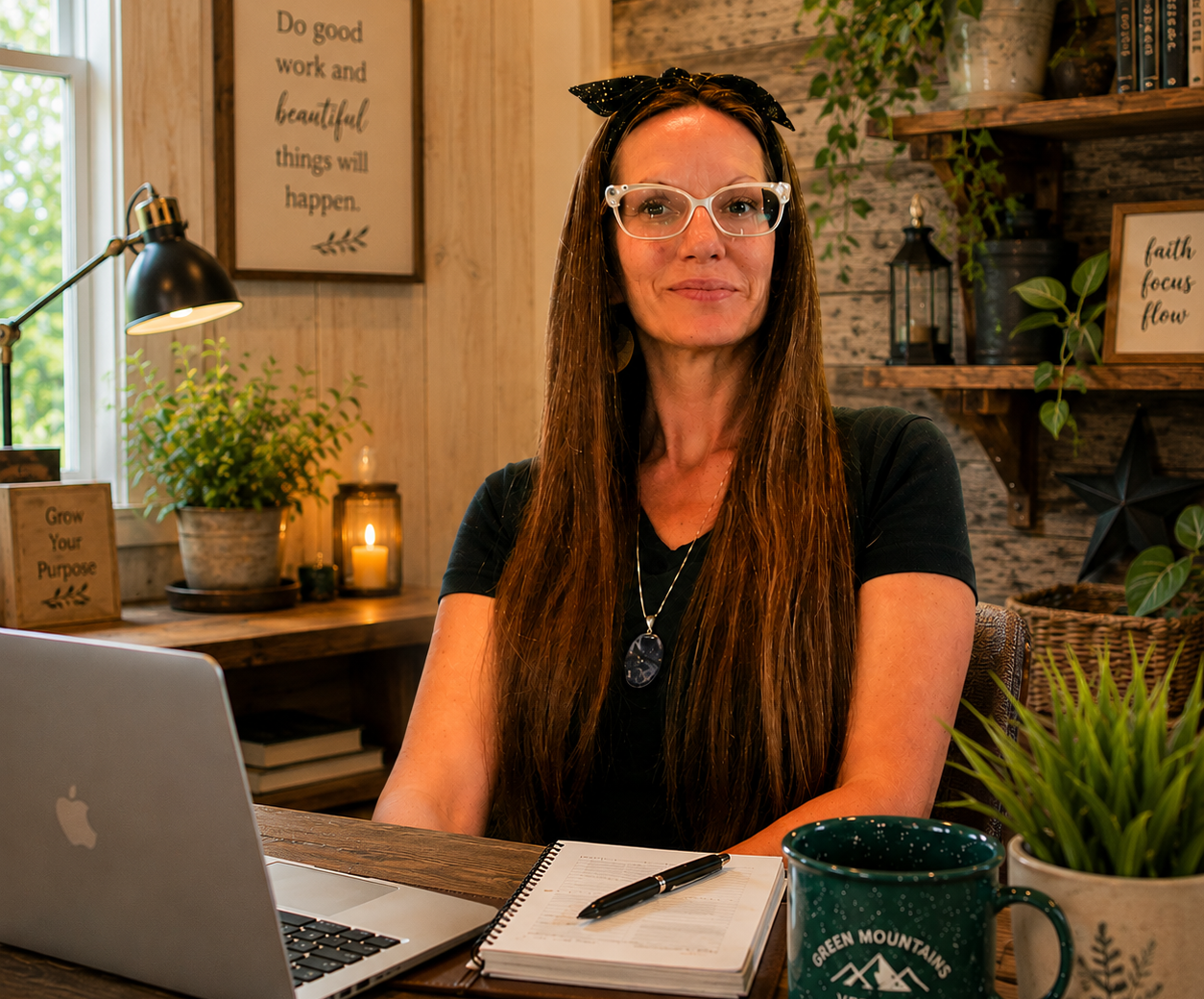 Felista sitting at her desk.