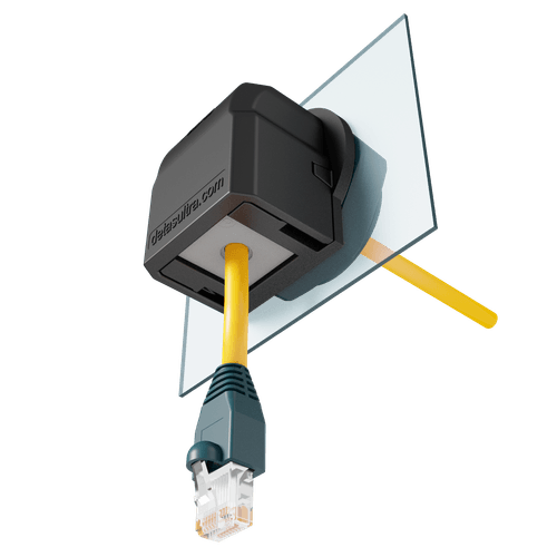 Black cable gland with yellow network cable and connector, mounted on a transparent plate
